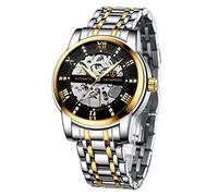 A ALPS Mens Watch Skeleton Luxury Mechanical Stainless Steel Waterproof Black Automatic Self-Winding Roman Numerals Diamond Dial Wrist Watch, Gold Black.Silver Movement, Mechanical,Self-winding,Automatic Watch