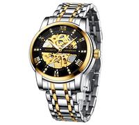 A ALPS Mens Watch Skeleton Luxury Mechanical Stainless Steel Waterproof Black Automatic Self-Winding Roman Numerals Diamond Dial Wrist Watch, 03-GoldBlack, Automatic Watch,Mechanical,Self-Winding