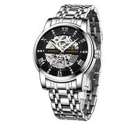 A ALPS Mens Watch Skeleton Luxury Mechanical Stainless Steel Waterproof Black Automatic Self-Winding Roman Numerals Diamond Dial Wrist Watch, Silver Black.Silver Movement, Mechanical,Self-winding,Automatic Watch