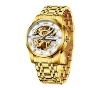 A ALPS Mens Watch Skeleton Luxury Mechanical Stainless Steel Waterproof Black Automatic Self-Winding Roman Numerals Diamond Dial Wrist Watch, WhiteGold.Dial-Gold Movement, Mechanical,Self-winding,Automatic Watch
