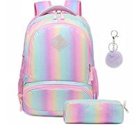 A AM SeaBlue Girls Backpack Rainbow Glitter Backpack Elementary School Bags with Pencil Bag,Colorful Rucksack Shiny Backpacks for Kids Daypack for Travel