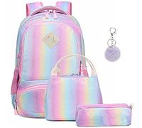 A AM SeaBlue School Bag for Girls Rainbow Glitter Backpack 3 in 1 Schoolbag Set Teenager Rucksack Colorful Gradient Bag Bling Casual Daypack