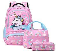 A AM SeaBlue Unicorn Backpack Set for Girls Elementary School Bags Set,3 in 1 Childrens Backpack Girls Bookbag with Lunch Bag + Pen Case,Kids Travel Daypack
