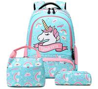 A AM SeaBlue Unicorn Rucksack for Girls School Bag Set Kids Backpack Primary Water Resistant Student Bookbag with Lunch Bag Pencil Case