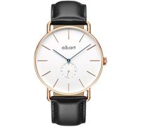 a.b.art Men's Swiss Ronda Movement Sapphire Crystal Separate Second Display Monochrome Dial No Minute Hand Black or Brown Leather Strap with Ultra Thin Rose Gold Case