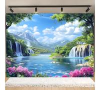 A background cloth for nature landscape photography with mountains, rivers, blue sky and white clouds 300x200CM