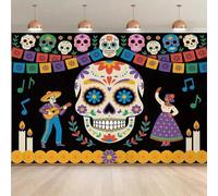 A background photo for the Day of the Dead - a skull design paired with marigolds paper ribbon-cutting flags and candles 300x200CM