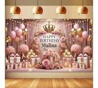 A banner background with the words “Happy Birthday” is combined with an elegant pink crown and floral balloon prints 200x140CM