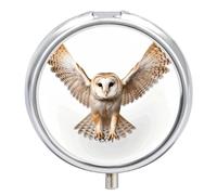 A Barn Owl Pill Box 3 Compartment Travel Pill Organizer 3 Times A Day Cute Mini Pill Case for Purse & Pocket Portable Metal Medicine Box with Mirror Round Daily Medicine Vitamin Container