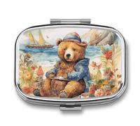 A Bear on The Beach Pill Box 2 Compartment, Portable Pill Case with Mirror for Pocket Purse Travel, Mini Metal Medicine Organizer for Vitamins Fish Oil