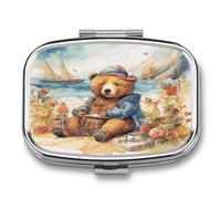 A Bear on The Beach Pill Case 2 Compartment Metal Small Pill Box Travel Pill Organizer Portable Medicine Container Mini Daily Medication Holder for Vitamin Container Fish Oil