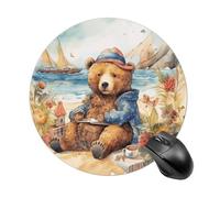 A Bear on The Beach Round Mouse Pad, Non-Slip Rubber Base Waterproof Washable, Computer Mouse Mat for Office Gaming Studying, Premium-Textured Durable Portable Circle Mousepad for Desktop PC Notebook