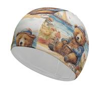 A Bear on The Beach Swim Cap for Adult, Elastic Fabric Swimming Cap, Comfortable Bathing Cap for Long & Short Hair