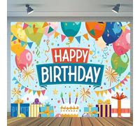 A beautiful and vibrant birthday party decoration with a light blue background and the words "Happy Birthday" written on it. This 250x180cm banner is perfect for a birthday party.