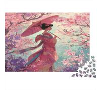 A Beautiful Geisha Stood Under A Cherry Blossom Tree, Holding An Umbrella Puzzle 38x26cm/1000pcs Erwachsene Puzzle,Home Decor