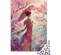 A Beautiful Geisha Stood Under A Cherry Blossom Tree, Holding An Umbrella Puzzles Gemusterte Nachhaltige Puzzles Für Erwachsene Hochwertige Holzspielpuzzles 70x50cm/1000pcs