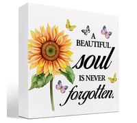 A Beautiful Soul is Never Forgotten Sunflower Butterfly Wood Block Sign Desk Decor,Inspirational Memorial Wooden Box Plaque Sign Desk Decor for Home Shelf Table Decorations 5x5 Inch
