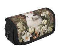 A Beautiful White Rabbit Pencil Case Organizer - Large Capacity 3 Compartment Pencil Pouch for Adults, Portable Makeup Bag & Aesthetic Stationery Bag with Zipper (8.7x4.3") Unisex Gift