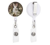 A Beautiful White Rabbit Retractable Badge Reel - Personalized ID Name Badge Holder with Lanyard Cute Badges Reel Holder Round Nurse Doctor Name Tag Badges Clip for Work