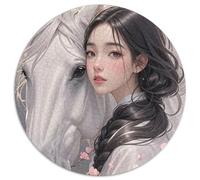 A Beautiful Young Korean Woman Gently Resting Her Face Against The Side of A Majestic White Horse, B... 1000 Pieces for Kids, Portrait-Puzzle Round Puzzle, Challenging & Brainteasing Stress Reliver Fa