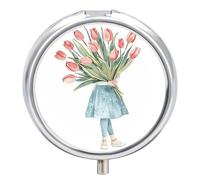 A Big Bouquet of Tulips Pill Box Travel Pill Case for Purse Pocket Weekly Medicine Organizer with Mirror 3 Compartment Round Medicine Case Portable PillcaseHolder for Daily