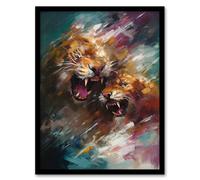 A Big Cat Fight Jaguar Lion Leopard Action Painting Aqua Blue Extra Large XL Wall Art Poster Print Artery8 Black A4