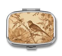 A Bird in The Field Pill Box 2 Compartment, Portable Pill Case with Mirror for Pocket Purse Travel, Mini Metal Medicine Organizer for Vitamins Fish Oil
