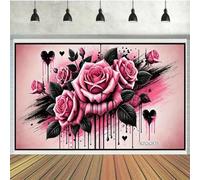 A black and pink rose polyester background cloth, birthday banner flag, suitable for cake tables, studio party decorations 240X180cm