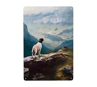 A Black And White Dog Is Looking At The Scenery On The Mountain Metal Poster Vintage Wall Metal Sign Funny Tin Sign For Restaurant Cafe Bar Pub