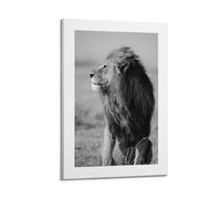 A Black And White Poster of A Majestic Lion with A Flowing Mane, Sitting in Tall Grass And Looking to The Left Poster Decorative Painting Canvas Wall Posters And Art Picture Print Modern Family Bedroo