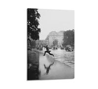 A Black And White Poster of A Person Leaping over A Large Puddle on A City Street, with Cars And Buildings in The Background Poster Decorative Painting Canvas Wall Posters And Art Picture Print Modern