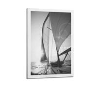 A Black And White Poster of A Sailboat with Full Sails on The Ocean, with Bright Sun Rays Reflecting Off The Water Poster Decorative Painting Canvas Wall Posters And Art Picture Print Modern Family Be