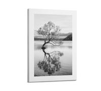 A Black And White Poster of A Tree in A Lake with Mountains in The Background And A Bird Perched on A Branch Poster Decorative Painting Canvas Wall Posters And Art Picture Print Modern Family Bedroom