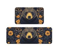A Black Bear Is Among The Flowers Rug Cushioned Kitchen Rugs Sets Of 2 Comfort Standing Mat For Home Decor Sink,Kitchen Mats For Floor Non Slip Washable ，Laundr 17"X47"+17"X30"