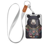 A Black Bear Leather Cute Badge Holder with Lanyard and 3-Card Capacity id Holder for Staffs Officers Students Doctors Employees