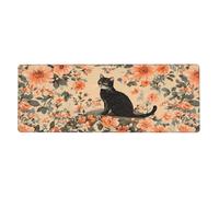 A Black Cat Looking At Flowersfloral Print Mousepad Laptop Keyboard Mat Large Mouse Pad With Stitched Edges Long Non-Slip Rubber Base Spring Desk Pad For Office Home Desk Decor, 31.5" X 11.8"