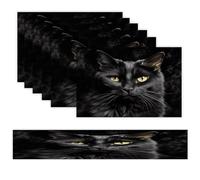 A Black Cat on A Black Background Placemats Set of 7 Exquisite Linen Table Mat Seven Piece Set Includes 13"x71" Fashion Table Runner and 12"x18" Place Mat Decor for Kitchen Dining Room