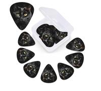 A black cat on a black background with printed guitar picks, 12 pack with organizer storage box, guitar accessories, ukulele for acoustic guitar, bass, day gift