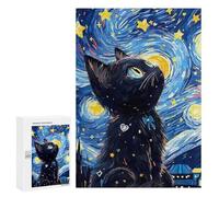 A Black Cat Under A Starry Night Sky.300 Pieces Pieces animal Classic Wooden Jigsaw Puzzle for Adults