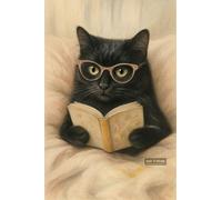 A Black Cat Wearing Glasses Reading A Book On A Blanket - A4 Wall Art Poster Home Decor Art Print with Adorable and Quirky Cats Perfect for Cat Lovers and Vintage Style Enthusiasts