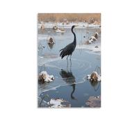 A Black Crane Stands in The Center of A Withered Lotus Pond, Standing on One Leg, Wing Tips Dusted with Residual Snow, Water Surface Covered with Thin Ice Fashionable Wall Decor - Hanging Art Poster A