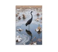 A Black Crane Stands in The Center of A Withered Lotus Pond, Standing on One Leg, Wing Tips Dusted with Residual Snow, Water Surface Covered with Thin Ice Trendy Hanging Wall Art Decorative Mural Post