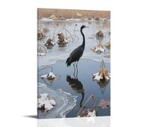 A Black Crane Stands in The Center of A Withered Lotus Pond, Standing on One Leg, Wing Tips Dusted with Residual Snow, Water Surface Covered with Thin Ice Stylish Wall Hanging Art - Decorative Poster