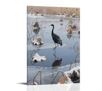 A Black Crane Stands in The Center of A Withered Lotus Pond, Standing on One Leg, Wing Tips Dusted with Residual Snow, Water Surface Covered with Thin Ice Modern Hanging Wall Decor - Artistic Mural Pr