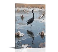 A Black Crane Stands in The Center of A Withered Lotus Pond, Standing on One Leg, Wing Tips Dusted with Residual Snow, Water Surface Covered with Thin Ice Contemporary Wall Mural - Decorative Hanging