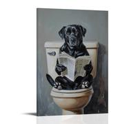 A Black Labrador Dog Sitting on The Clean White Toilet, Reading A Newspaper Canvas Painting Wall Art Vintage Poster Print Artwork Picture for Bedroom Room Decor 12x18inch(30x45cm) Frame-1-6
