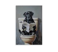 A Black Labrador Dog Sitting on The Clean White Toilet, Reading A Newspaper Canvas Painting Wall Art Vintage Poster Print Artwork Picture for Bedroom Room Decor 16x24inch(40x60cm) Unframe-1-6