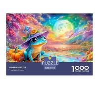 A Blue Frog in A Floral Witch Hat Sits by A Pond Under A Glowing Moon 1000-Piece Jigsaw Puzzle Fantasy Colorful Frogs - Great for Game Nights, Adults & Kids 70x50cm/1000pcs