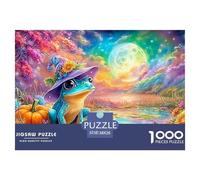 A Blue Frog in A Floral Witch Hat Sits by A Pond Under A Glowing Moon 1000-Piece Jigsaw Puzzle Fantasy Colorful Frogs for Adults & Kids Age 12+ - Challenging & Brainteasing Game 38x26cm/1000pcs