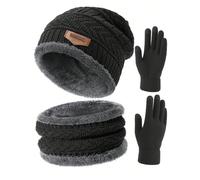 (A, Blue Hat + Scarf + Gloves) Winter Knit Beanie Hat Neck Warmer Scarf And Touch Screen Gloves Set Fleece Lined Skull Cap For Men Women Outdoor